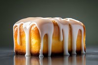 Golden glazed bundt cake with white icing dripping down sides on dark surface, homemade dessert bakery treat for food photography and culinary content.