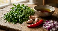 Fresh parsley herbs with garlic cloves, red chili pepper and diced onions on rustic wooden cutting board with olive oil bowl for cooking preparation.