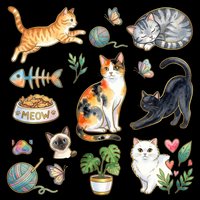 Cats playing with toys, yarn balls, fish bones and plants isolated on transparent background, ready for t-shirt designs, stickers, clipart, sublimation and print-on-demand projects.