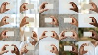 Hands holding blank white cards in various positions and gestures, displaying mockup templates for business cards, invitations, or promotional materials in bright natural light settings.