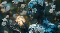 Mystical figure holding glowing orb surrounded by white flowers in ethereal garden setting with magical lighting and dreamy atmosphere.