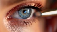Close-up of blue eye with shimmering copper eyeshadow and long eyelashes, makeup application in progress with applicator visible.