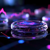 Glass petri dish with neon pink and blue reflections against dark background with stock market chart silhouette, creating futuristic financial concept.