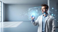Professional businessman interacting with futuristic holographic interface displaying network connections in modern office environment.