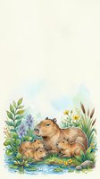 Watercolor capybara family resting by a pond with wildflowers, reeds, and lush greenery, with copy space above for text or design.