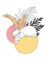 Sleeping white cat on yellow pot with tropical leaves and pink circle background, line art drawing style with minimal color palette for stationery and nursery decor.