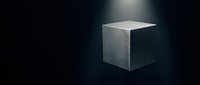 Minimalist concrete cube floating in dark space with dramatic lighting for modern architecture and design concepts.