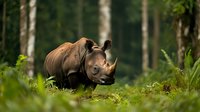 Powerful rhinoceros standing among green ferns in forest environment, side view of endangered wild animal with distinctive horn in natural habitat.