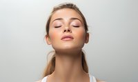 Young woman with closed eyes and serene expression wearing white tank top against light background, showcasing natural beauty and wellness concept.