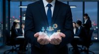 Professional businessman in dark suit holding glowing digital gears above open palms in modern office with team meeting in background at dusk.