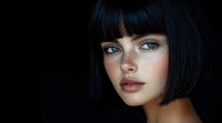 Close up portrait of young Caucasian woman with blue eyes, black bob haircut and natural makeup against dark background, dramatic lighting highlights facial features.