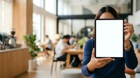 Woman holding blank tablet displaying white screen in modern office workspace with colleagues working in background.