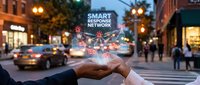Businessman hands displaying holographic smart city network interface with connected icons on urban street background at evening twilight.