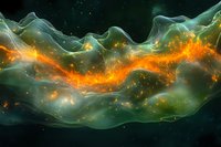 Abstract cosmic nebula with flowing orange and teal energy waves against dark starry background, resembling a celestial cloud formation in deep space.