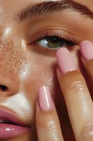 Close-up of woman's face with freckles, green eye, and pink manicured nails touching under eye area. Dewy skin and natural makeup create fresh beauty look.