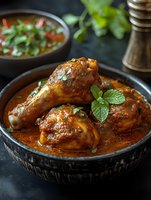 Spicy chicken curry with drumsticks in rich tomato sauce garnished with fresh mint leaves served in traditional bowl for authentic Indian cuisine.