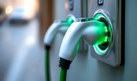 Electric vehicle charging station with glowing green light around connector, showing modern sustainable transportation technology in action.