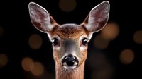 Young deer fawn portrait with large ears and gentle eyes against blurred bokeh background for wildlife photography and nature designs.