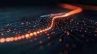 Glowing orange and blue circuit paths with bokeh light effects on dark background create futuristic technology network visualization for business concepts.