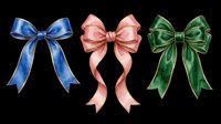 Decorative silk bows in blue, pink, and green isolated on transparent background. Ready for t-shirt designs, clipart, stickers, sublimation, and print-on-demand products.