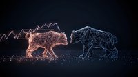 Glowing digital bears with stock market chart lines, one red and one blue, facing each other on dark background representing bullish versus bearish market trends.