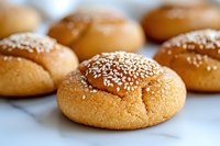 Fresh baked sesame cookies arranged on white surface with selective focus. Golden brown shortbread topped with white sesame seeds shows delicate texture.
