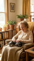 Senior Caucasian woman relaxing in cozy armchair with small dog, surrounded by houseplants and books in warm sunlit living room for lifestyle content.
