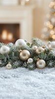 Festive holiday arrangement with white and gold ornaments nestled in frosted evergreen branches and artificial snow, featuring blurred fireplace and twinkling lights in background for seasonal home decor.