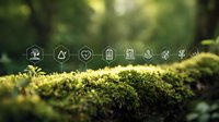 Minimalist environmental icons over lush green moss in forest setting, representing sustainability and eco-friendly concepts.