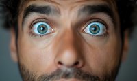 Close-up portrait of man with wide open bright blue eyes and surprised expression showing shock, fear or amazement against dark background.