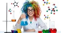 Young female scientist with colorful rainbow hair and glasses conducting chemistry experiment in laboratory with molecular models and test tubes.