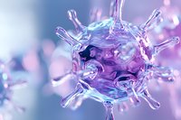 Microscopic virus cell structure in purple and blue tones with spiky surface proteins shown in artistic macro view against blurred background with bokeh effect.
