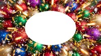 Festive colorful ornaments and lights radiating outward with white oval space in center, ideal for holiday greeting cards, seasonal promotions, and celebratory designs.