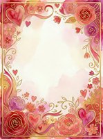 Ornamental floral frame with roses, hearts, and decorative scrolls in pink, red, and gold tones on cream background. Isolated design element suitable for greeting cards, invitations, and digital projects.