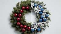Festive Christmas wreath with red and blue ornaments, white snowflakes on evergreen branches for holiday decoration and seasonal home decor projects.