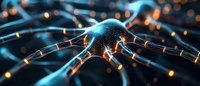 Glowing neural network with blue and orange light effects showing synaptic connections in brain cells. Abstract visualization of artificial intelligence concept.