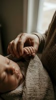 Tender moment of parent and newborn baby hands touching in soft natural light creating intimate bonding scene for family photography and parenting concepts.