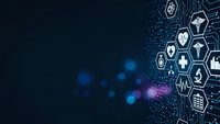 Digital healthcare technology background with medical icons in hexagonal pattern and glowing particles for modern medicine presentations.