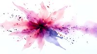 Abstract pink and purple watercolor splash with dark center and scattered ink drops, creating dynamic fluid art composition on white background.