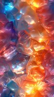 Abstract glowing crystal formations in orange and blue colors create dramatic light effects and reflections, suitable for modern backgrounds and artistic designs.