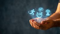 Cupped hands holding glowing digital icons representing running figure, brain in pot, and tree symbolizing growth mindset and personal development concepts.