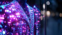 Glowing digital wave with purple and blue neon lights creates futuristic technology visualization against dark background, abstract network data representation.