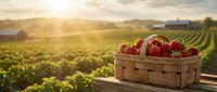 Fresh ripe strawberries in wooden basket at sunrise over agricultural field rows. Organic farm harvest concept for healthy eating and local produce.