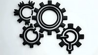 Four black gears of varying sizes arranged on white background, symbolizing teamwork, mechanical systems, and industrial processes for business and technology concepts.