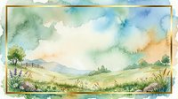 Watercolor landscape painting with rolling hills, trees, and cloudy sky in soft green and blue tones for artistic projects and home decor.