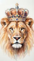 Majestic lion head wearing ornate golden crown with jewels, watercolor painting style on light background for royal themed designs and decorations.