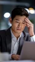 Asian businessman showing signs of stress and fatigue while working late at office, looking at laptop screen with concerned expression and touching forehead.