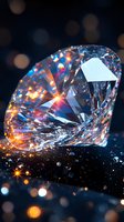 Brilliant cut diamond with colorful light reflections and sparkles on dark background with bokeh effects, showcasing luxury jewelry craftsmanship and precious stone detail.