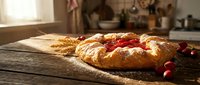 Freshly baked rustic bread loaf with cranberries on wooden table in warm kitchen setting. Homemade artisan bakery product for food blogs and recipes.