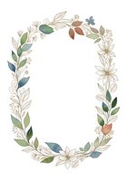 Botanical oval frame with watercolor leaves, flowers and branches isolated on white background, ready for design use on invitations, cards and posters.